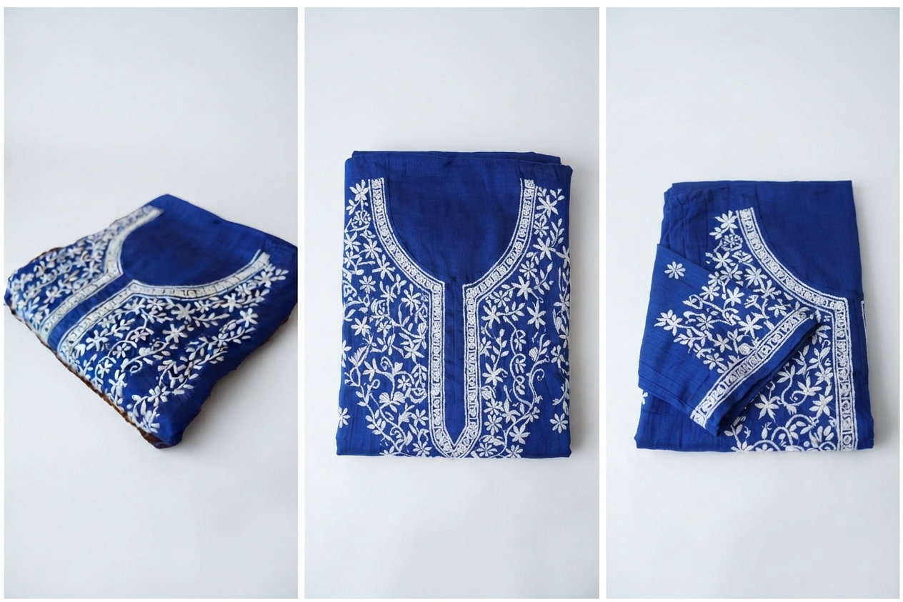 3pc Blue Embriodered Suit Medium (Unstitched)